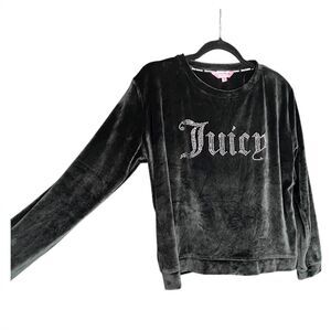 Juicy Couture Women's Y2K Black Velour Long-Sleeve Top with Rhinestone Logo - L